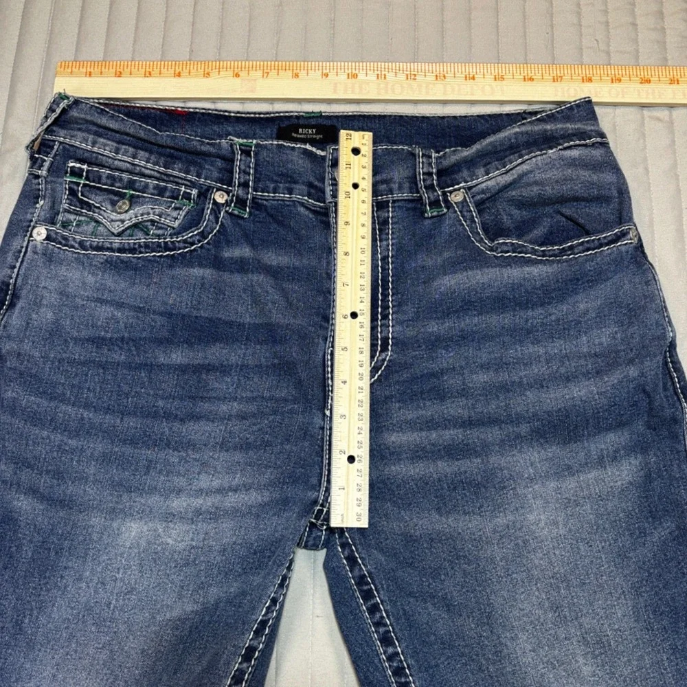 True Religion Ricky Relaxed Straight Big T Flap Blue Jeans Mens 36x29 Stretch